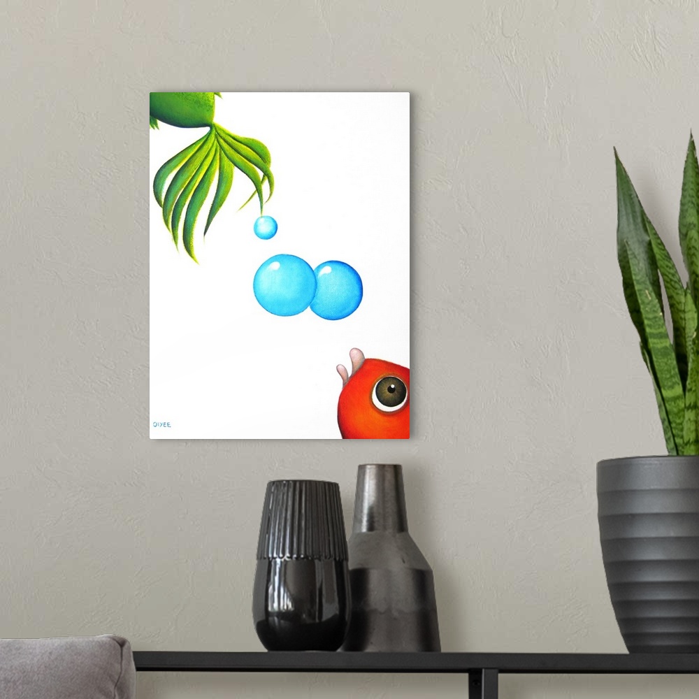 A modern room featuring Contemporary painting of vibrant fish following each other up the canvas diagonally.