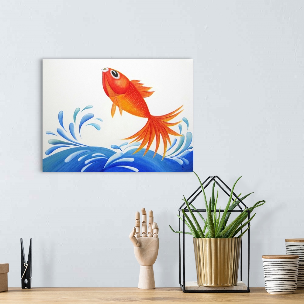 A bohemian room featuring Contemporary painting of an orange fish jumping out of the water and causing a splash.