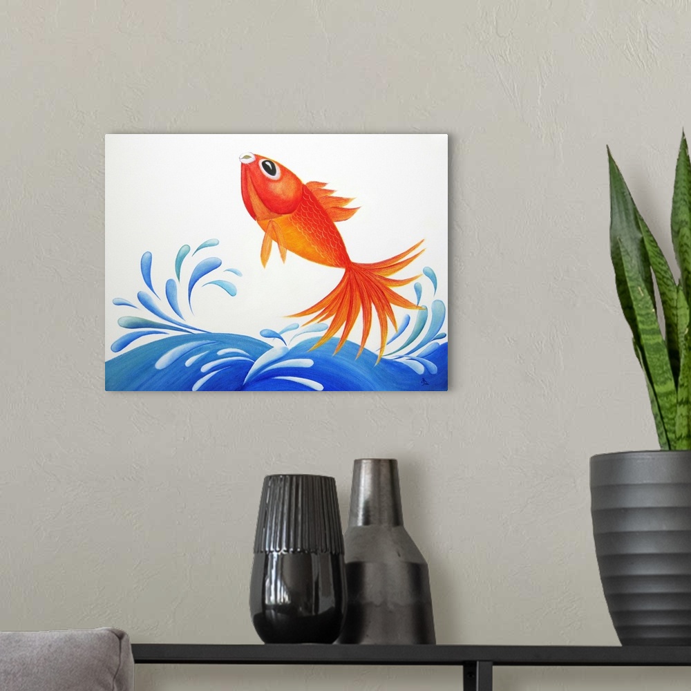 A modern room featuring Contemporary painting of an orange fish jumping out of the water and causing a splash.