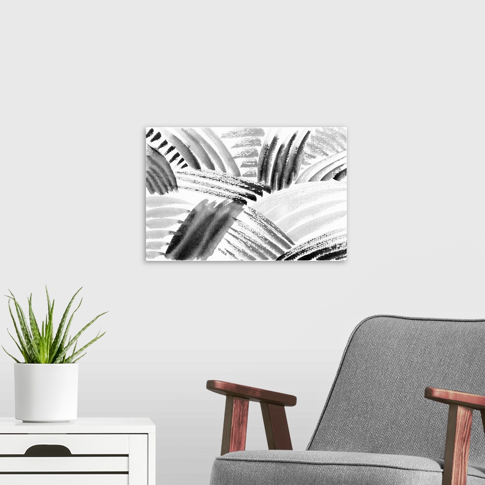 A modern room featuring Abstract ink fields in black and white