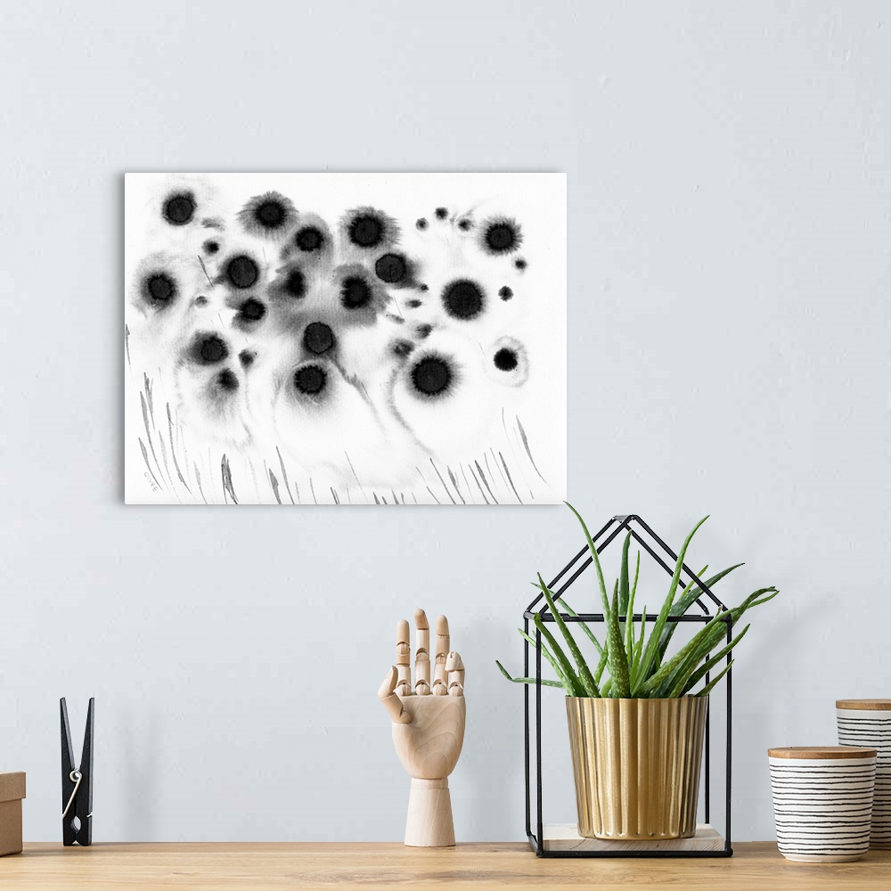A bohemian room featuring Abstract ink meadow in black and white