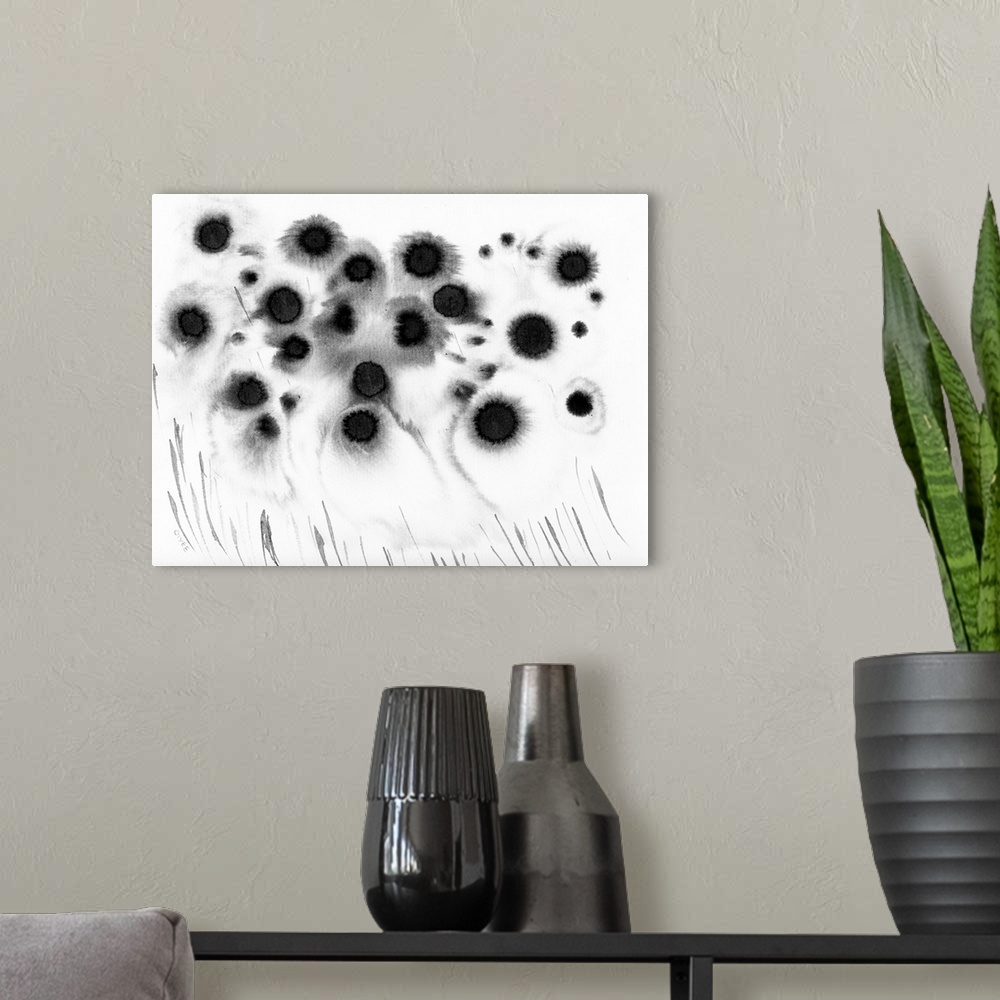 A modern room featuring Abstract ink meadow in black and white