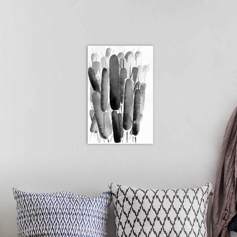 A bohemian room featuring Contemporary ink painting of cattails in black and white.