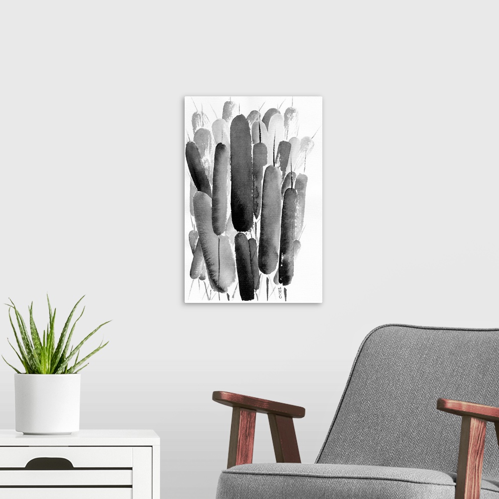A modern room featuring Contemporary ink painting of cattails in black and white.