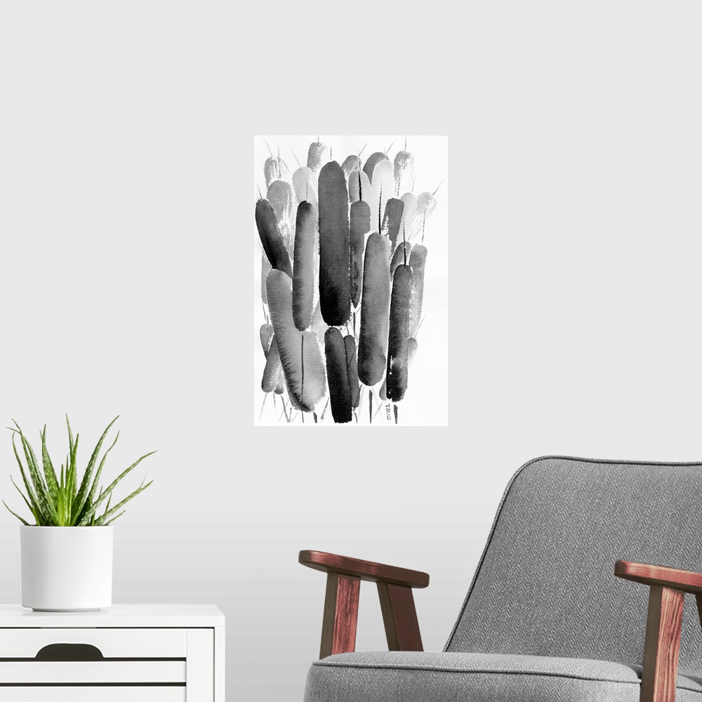 A modern room featuring Contemporary ink painting of cattails in black and white.