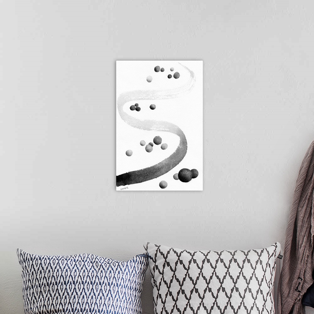 A bohemian room featuring Abstract Chinese ink painting of a river in black and white.