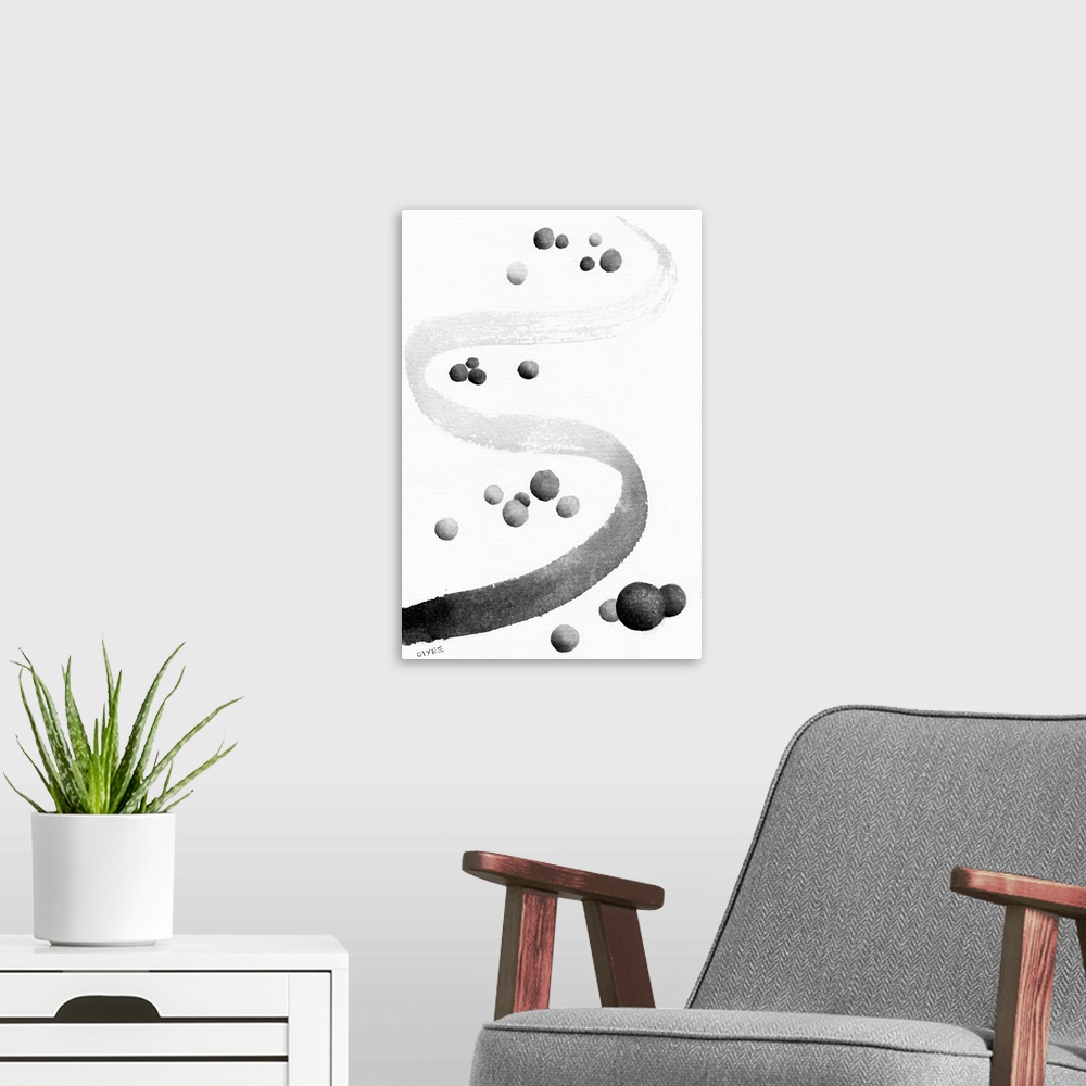 A modern room featuring Abstract Chinese ink painting of a river in black and white.