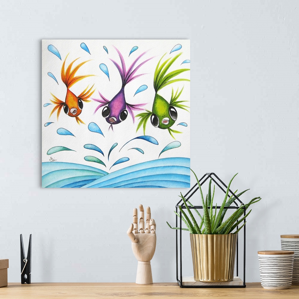 A bohemian room featuring Square painting with three bright fish swimming through water droplets.