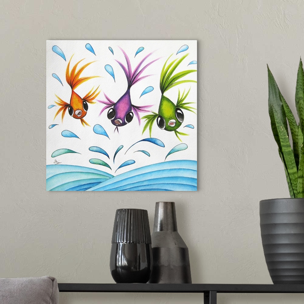 A modern room featuring Square painting with three bright fish swimming through water droplets.