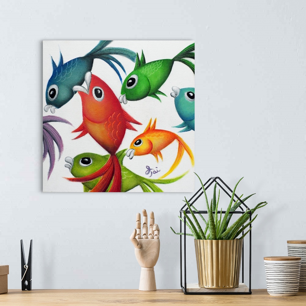 A bohemian room featuring Square painting of vibrant fish swimming on a white background.