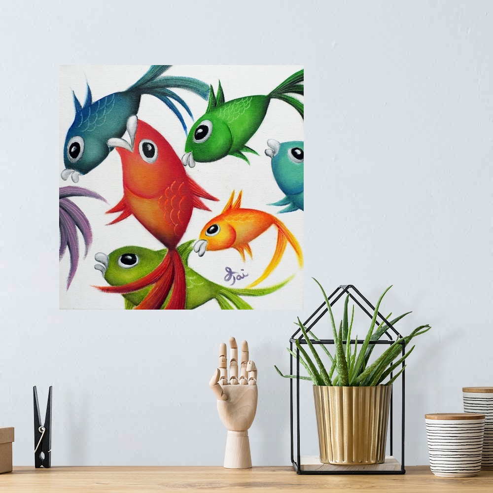 A bohemian room featuring Square painting of vibrant fish swimming on a white background.