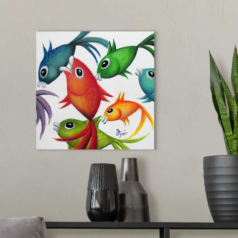 A modern room featuring Square painting of vibrant fish swimming on a white background.