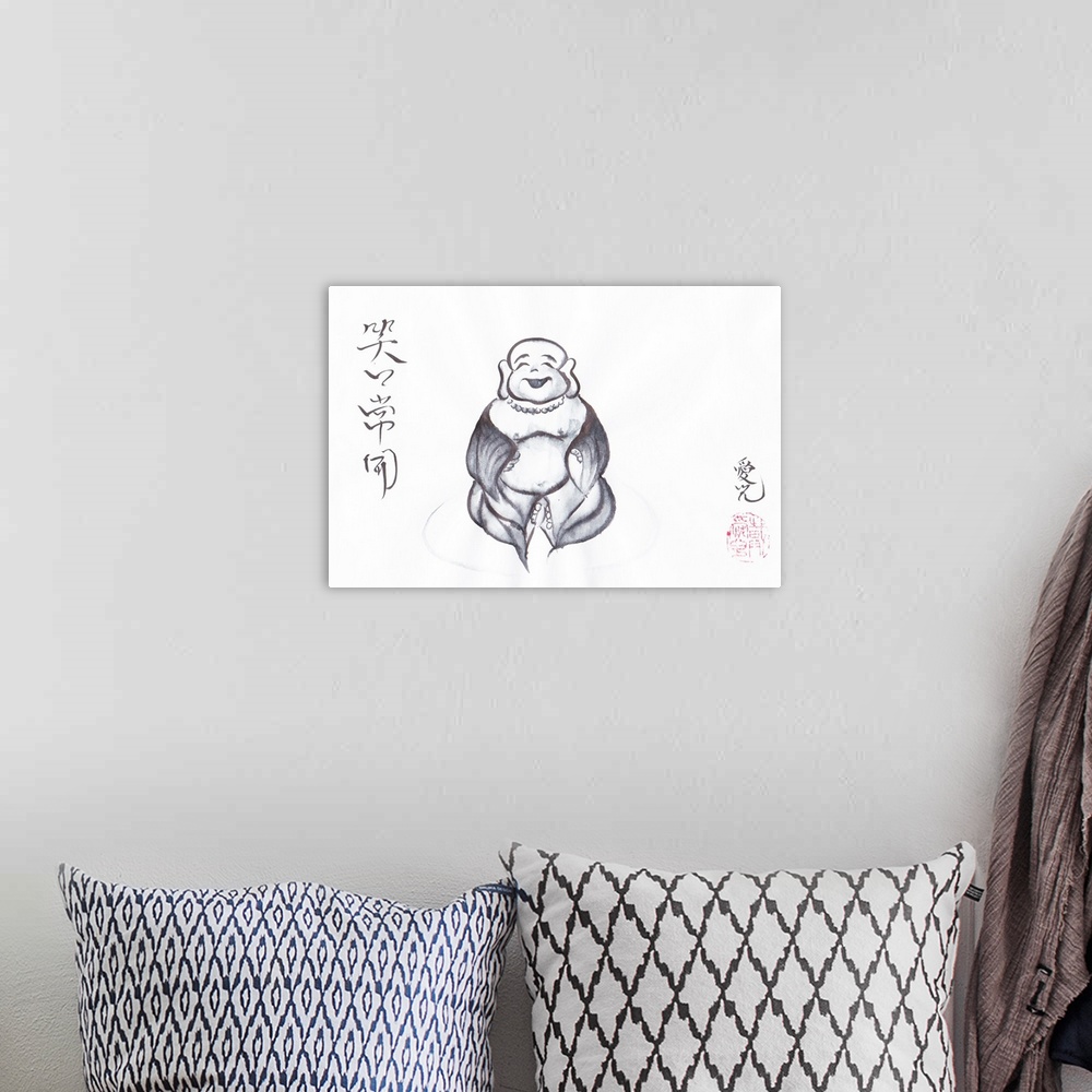 A bohemian room featuring Sumi painting of Budai, the Laughing Buddha.