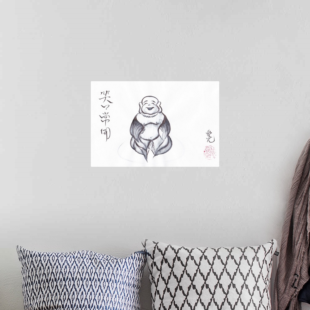 A bohemian room featuring Sumi painting of Budai, the Laughing Buddha.