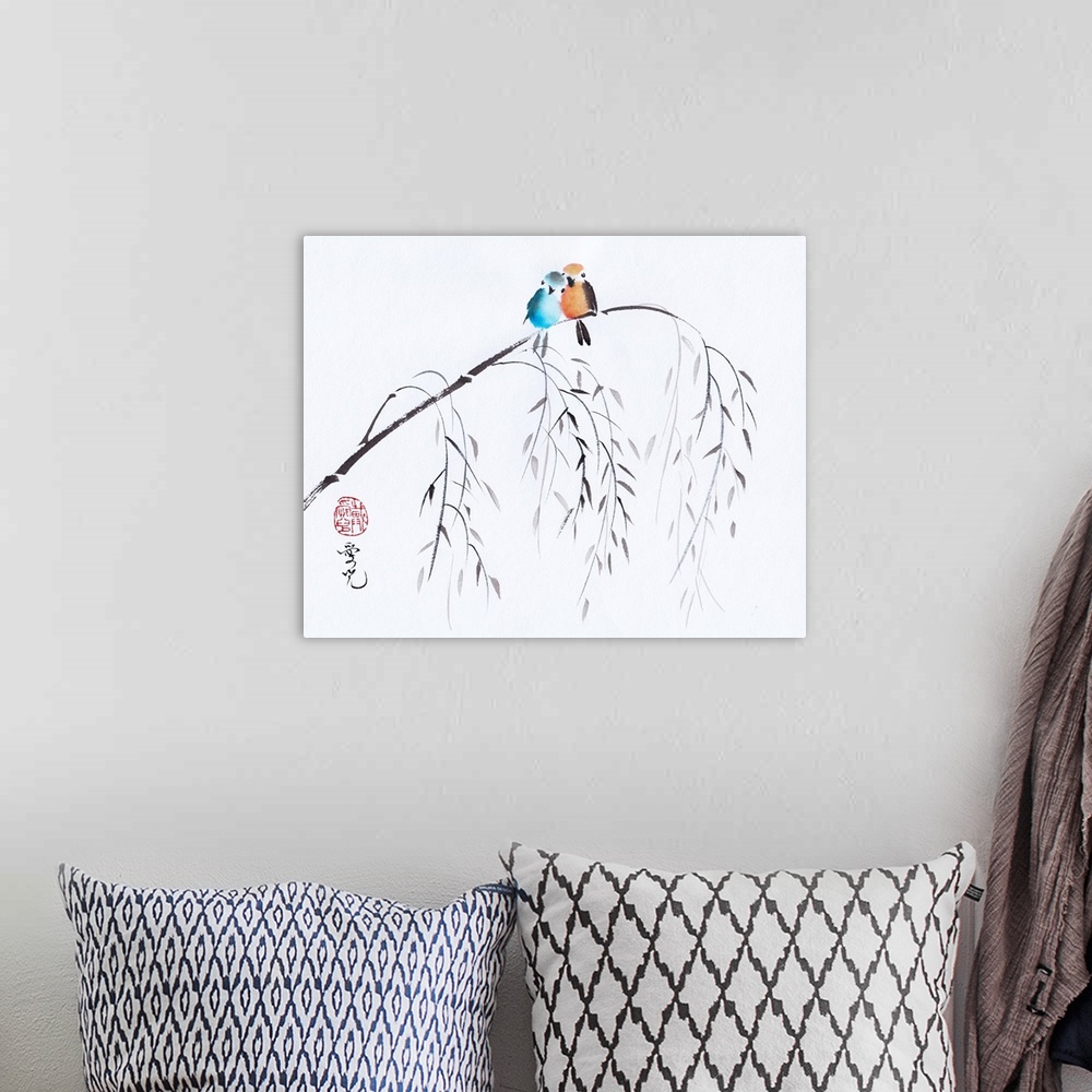 A bohemian room featuring Colorful love birds in Chinese ink and watercolor painting.