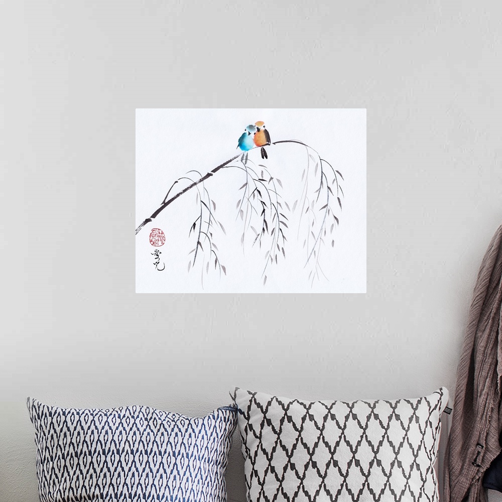 A bohemian room featuring Colorful love birds in Chinese ink and watercolor painting.