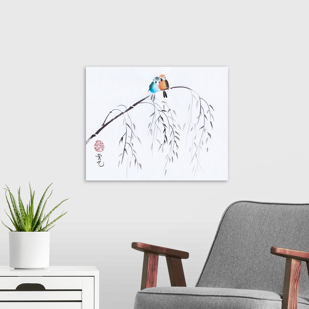 A modern room featuring Colorful love birds in Chinese ink and watercolor painting.