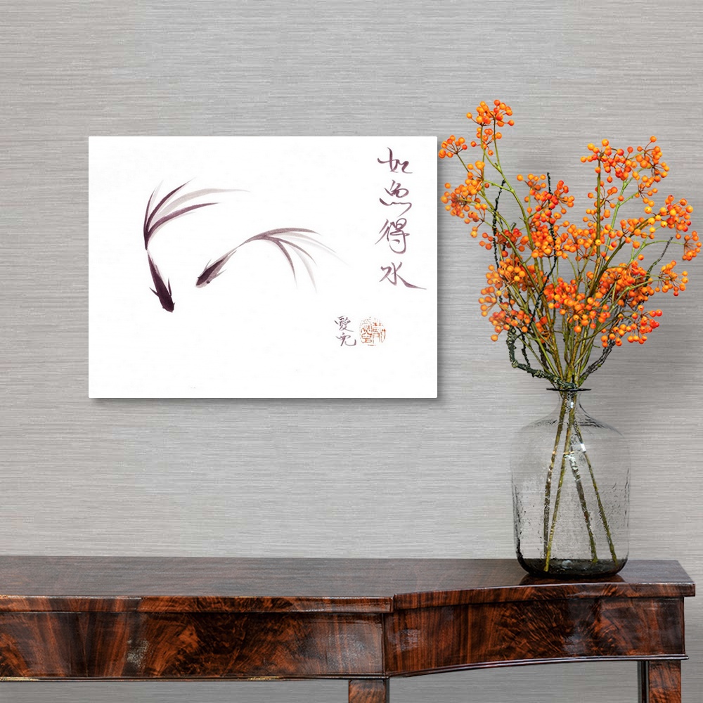 A traditional room featuring Ink and wash painting of two Betta fish. The 4 Chinese words on the right is the Chinese saying l...