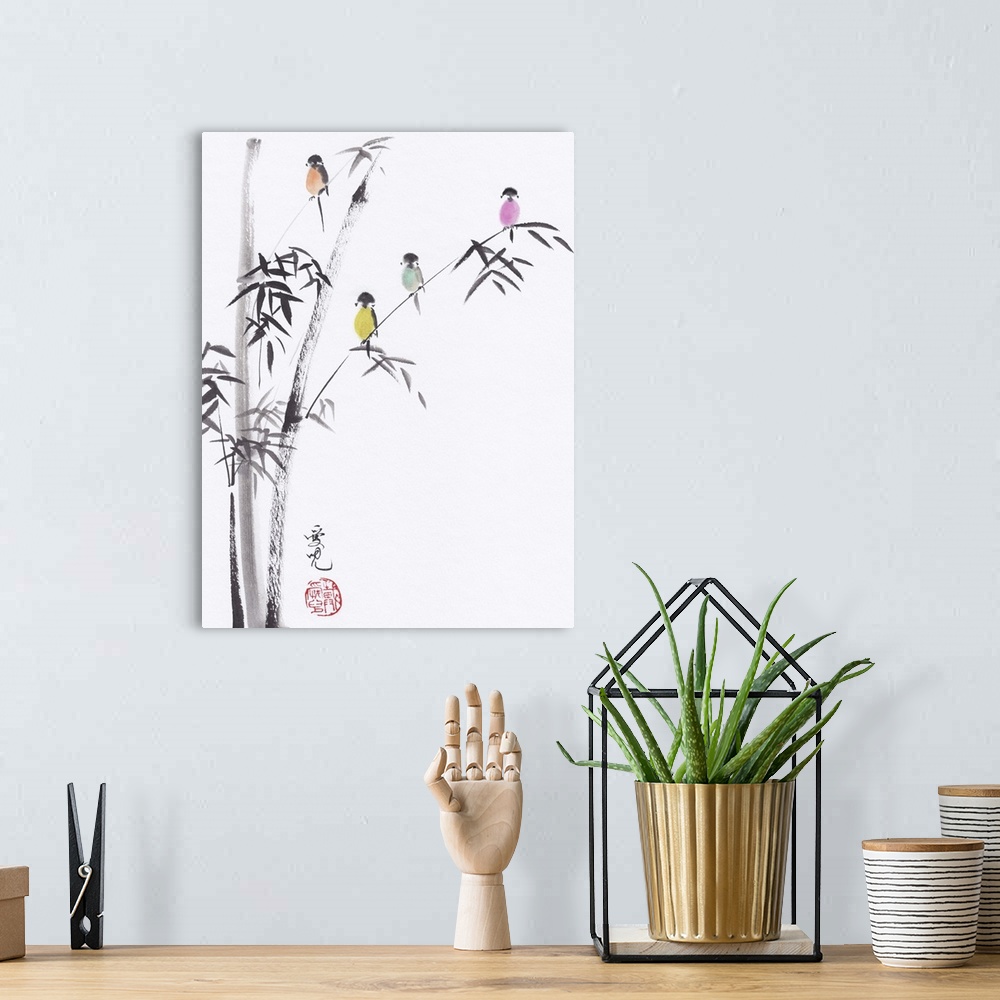 A bohemian room featuring Chinese ink and watercolor painting of colorful birds sitting in a tree.