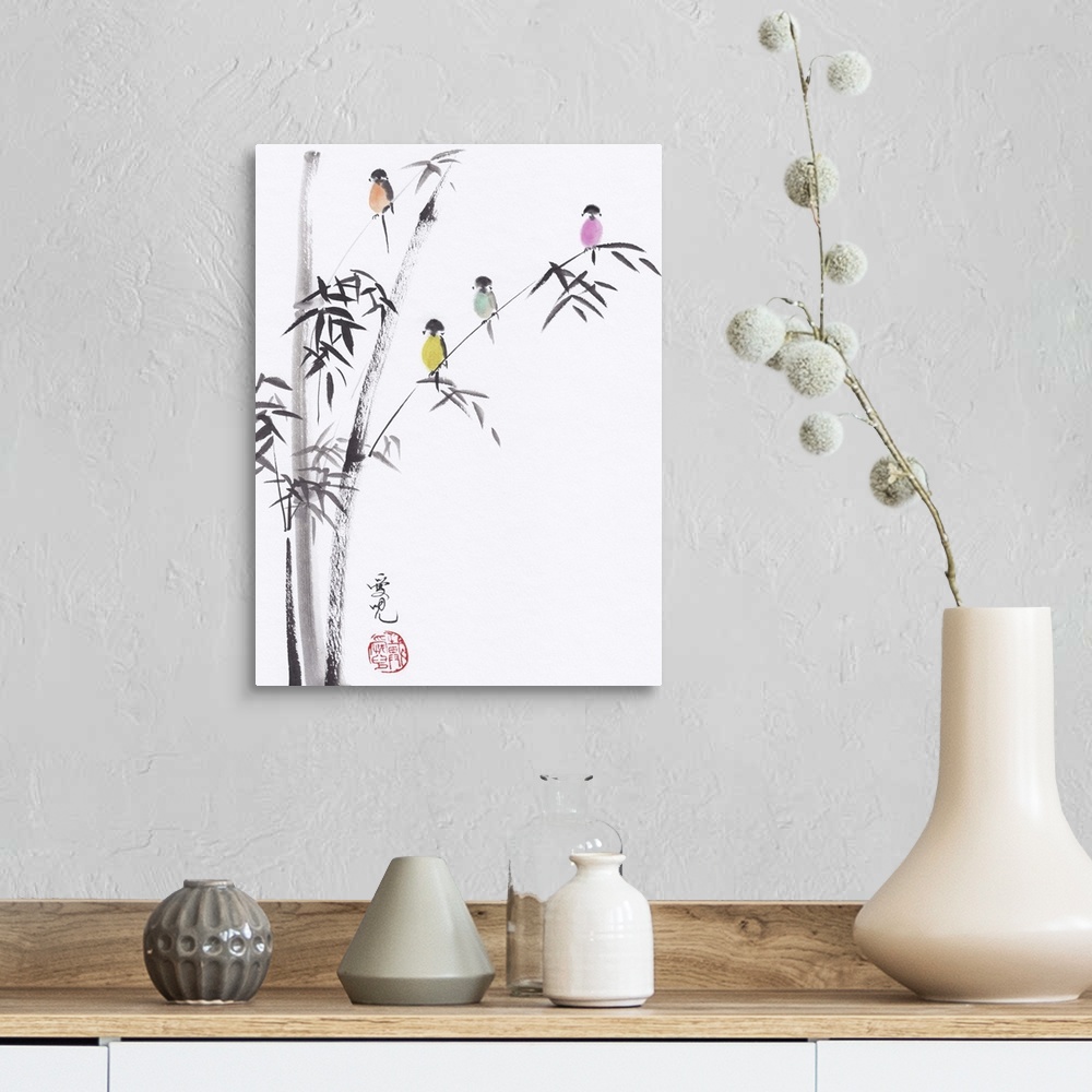 A farmhouse room featuring Chinese ink and watercolor painting of colorful birds sitting in a tree.