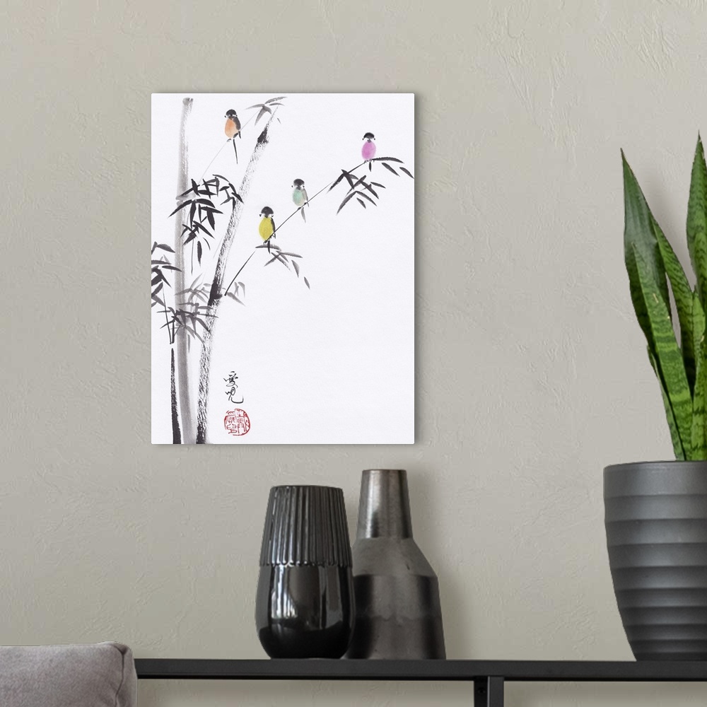 A modern room featuring Chinese ink and watercolor painting of colorful birds sitting in a tree.