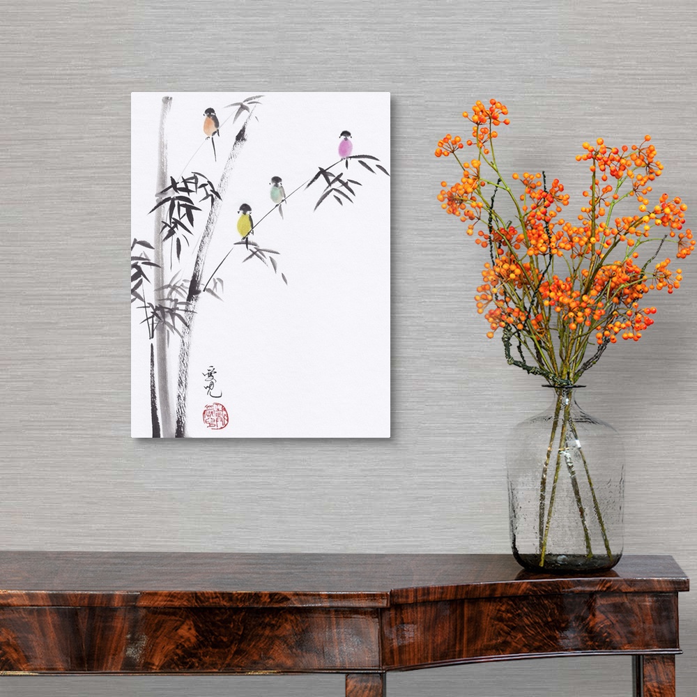 A traditional room featuring Chinese ink and watercolor painting of colorful birds sitting in a tree.