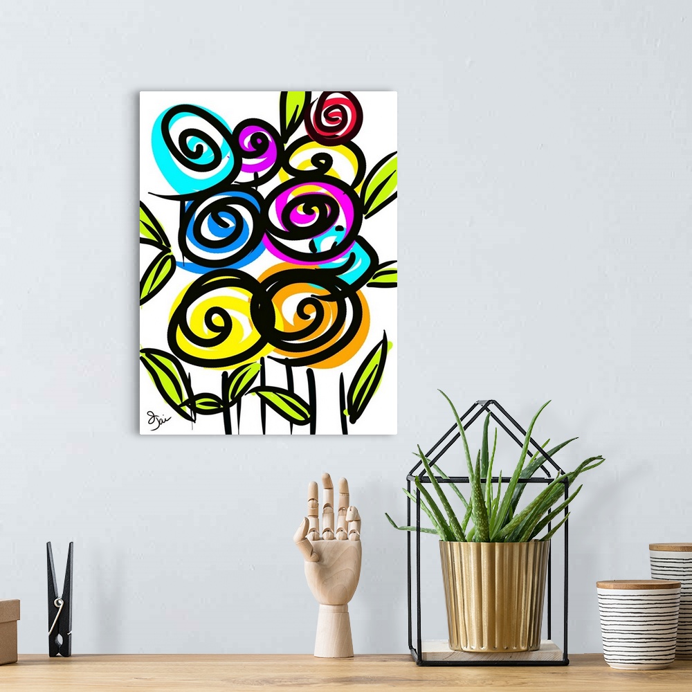 A bohemian room featuring Digital illustration of vibrant colored flowers on a white background.