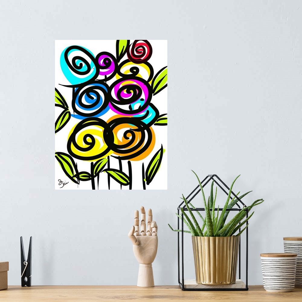 A bohemian room featuring Digital illustration of vibrant colored flowers on a white background.