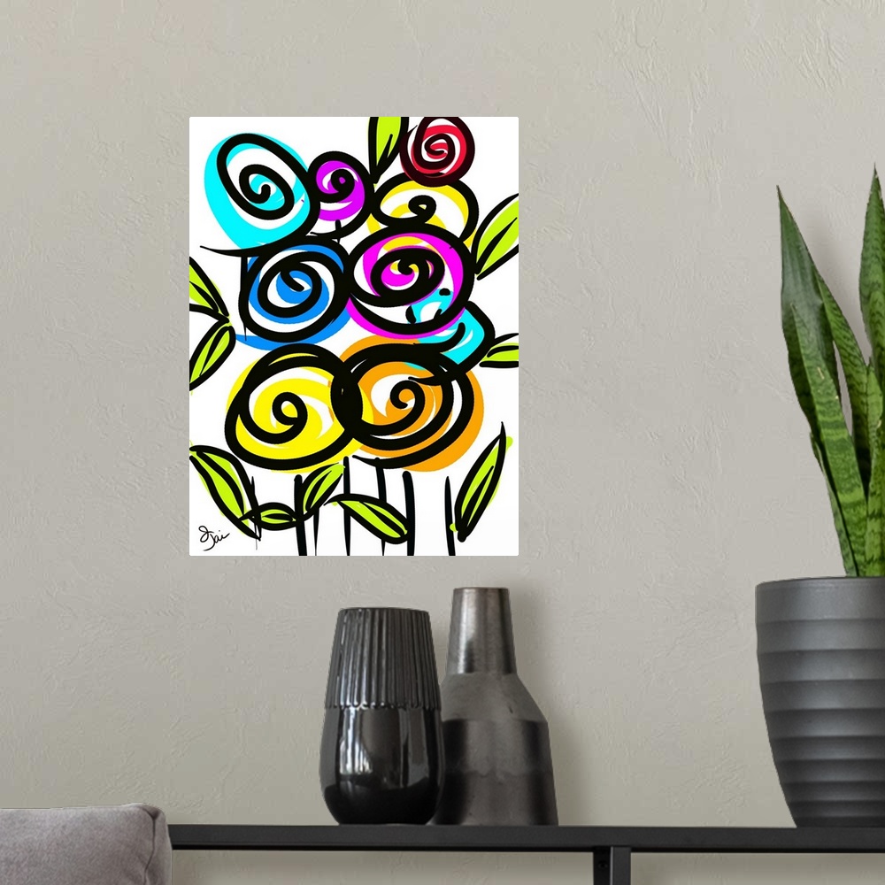 A modern room featuring Digital illustration of vibrant colored flowers on a white background.