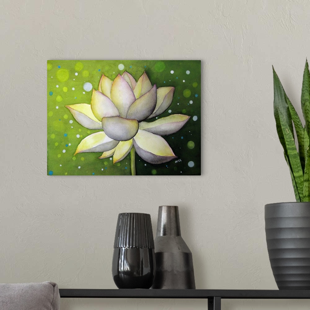 A modern room featuring Painting of a white lotus flower on a green background with blue, white, and light green dots.