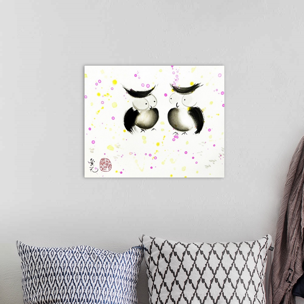 A bohemian room featuring Painting of two owls looking at each other on a white background with pink and yellow paint splat...