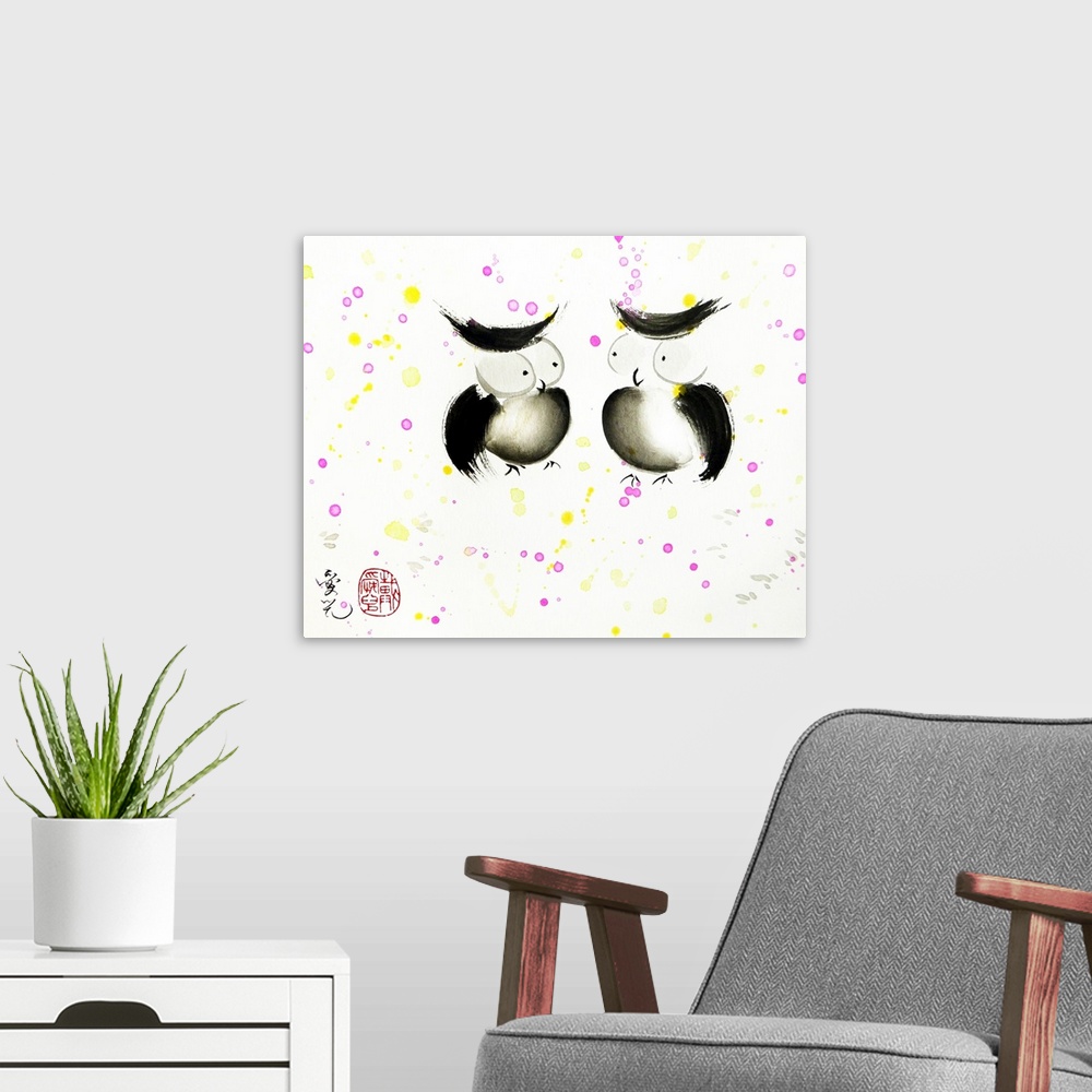 A modern room featuring Painting of two owls looking at each other on a white background with pink and yellow paint splat...