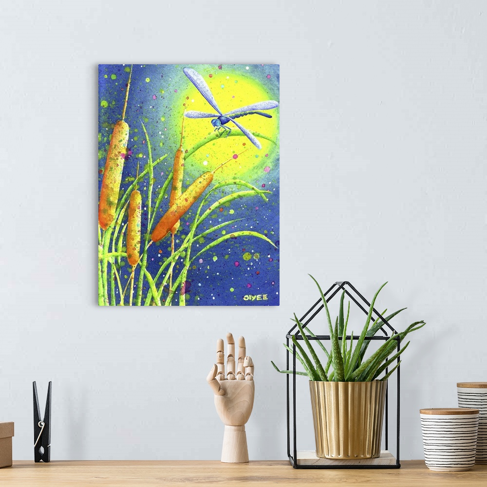 A bohemian room featuring Beautiful watercolor painting of a dragonfly sitting on cattails with a bright moon in the backgr...