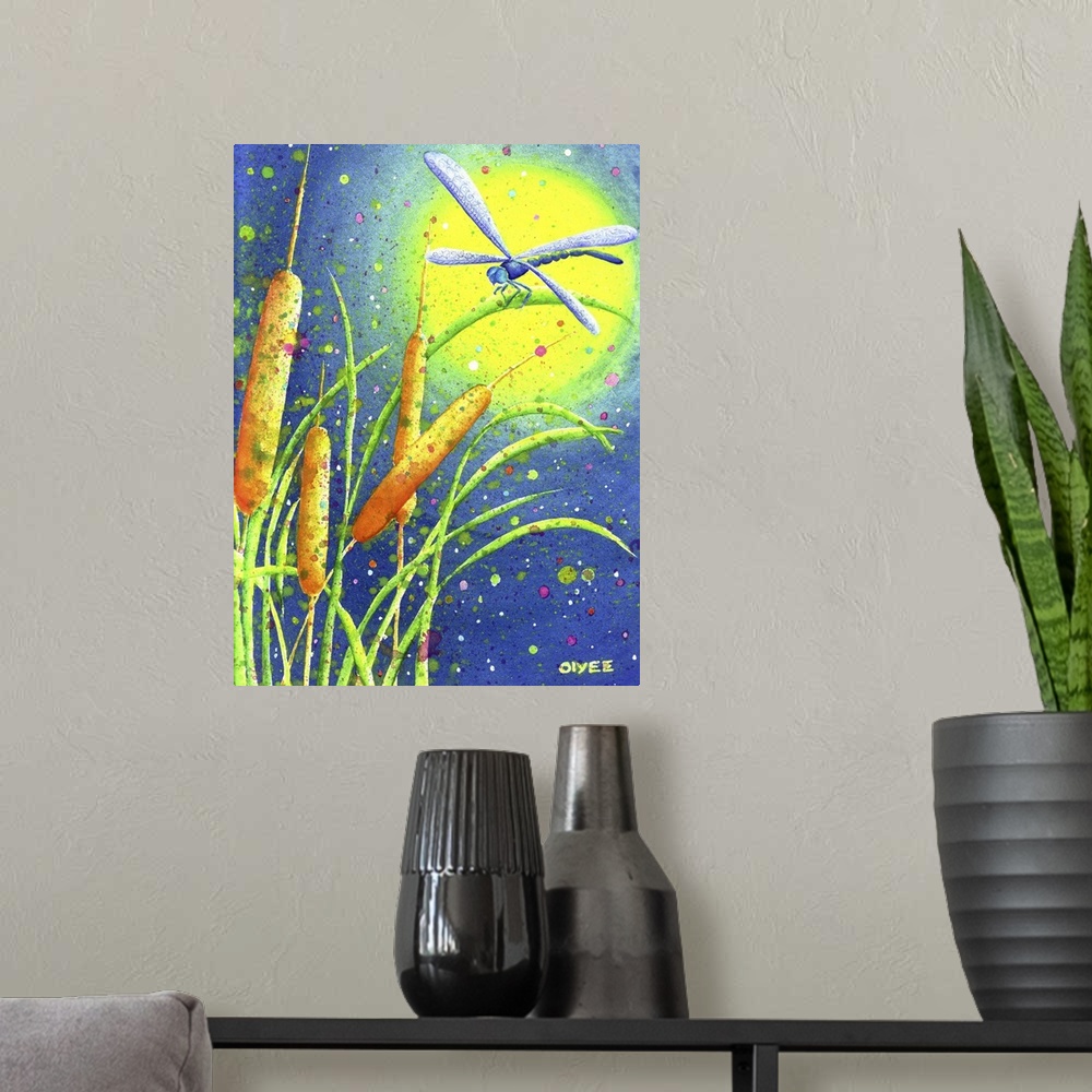 A modern room featuring Beautiful watercolor painting of a dragonfly sitting on cattails with a bright moon in the backgr...