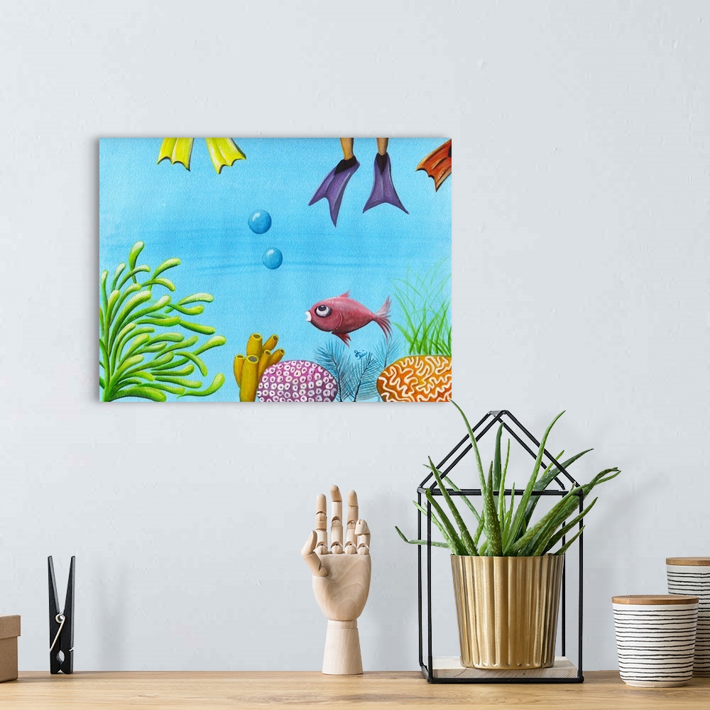 A bohemian room featuring Vibrant painting of a fish swimming through the coral reef with colorful scuba fins on the top of...