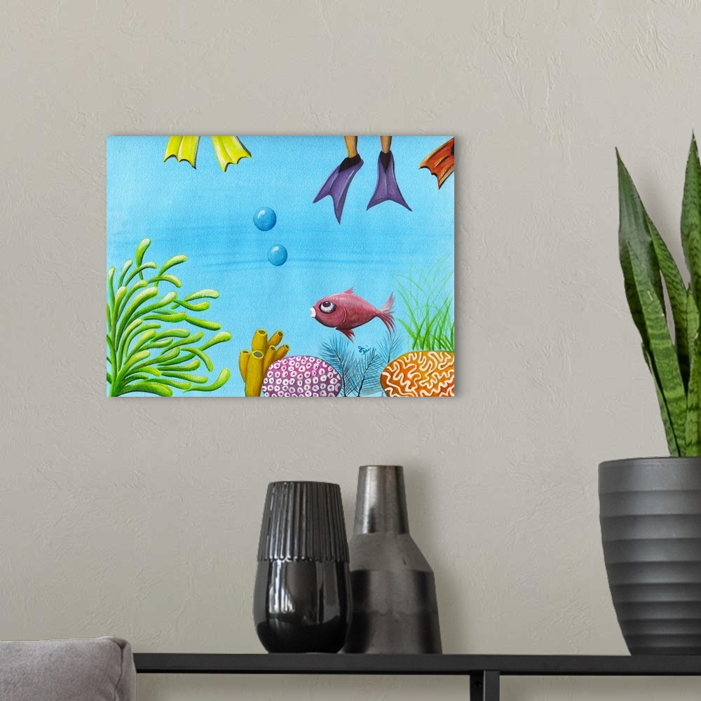 A modern room featuring Vibrant painting of a fish swimming through the coral reef with colorful scuba fins on the top of...