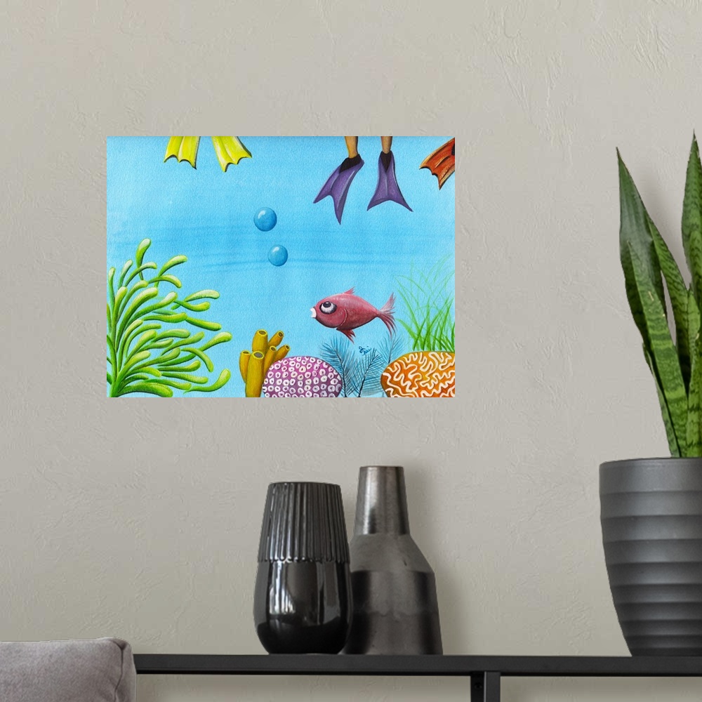 A modern room featuring Vibrant painting of a fish swimming through the coral reef with colorful scuba fins on the top of...