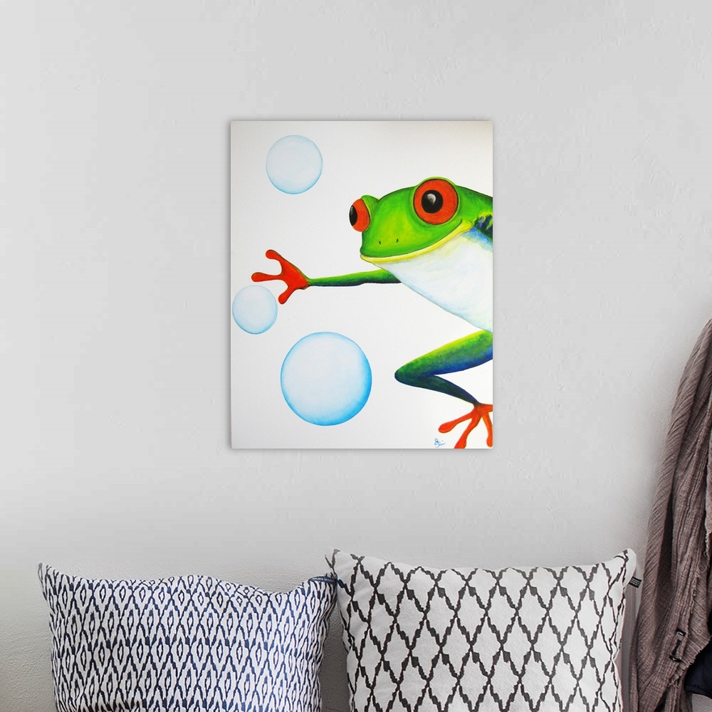 A bohemian room featuring Contemporary painting of a vibrant tree frog trying to catch bubbles.