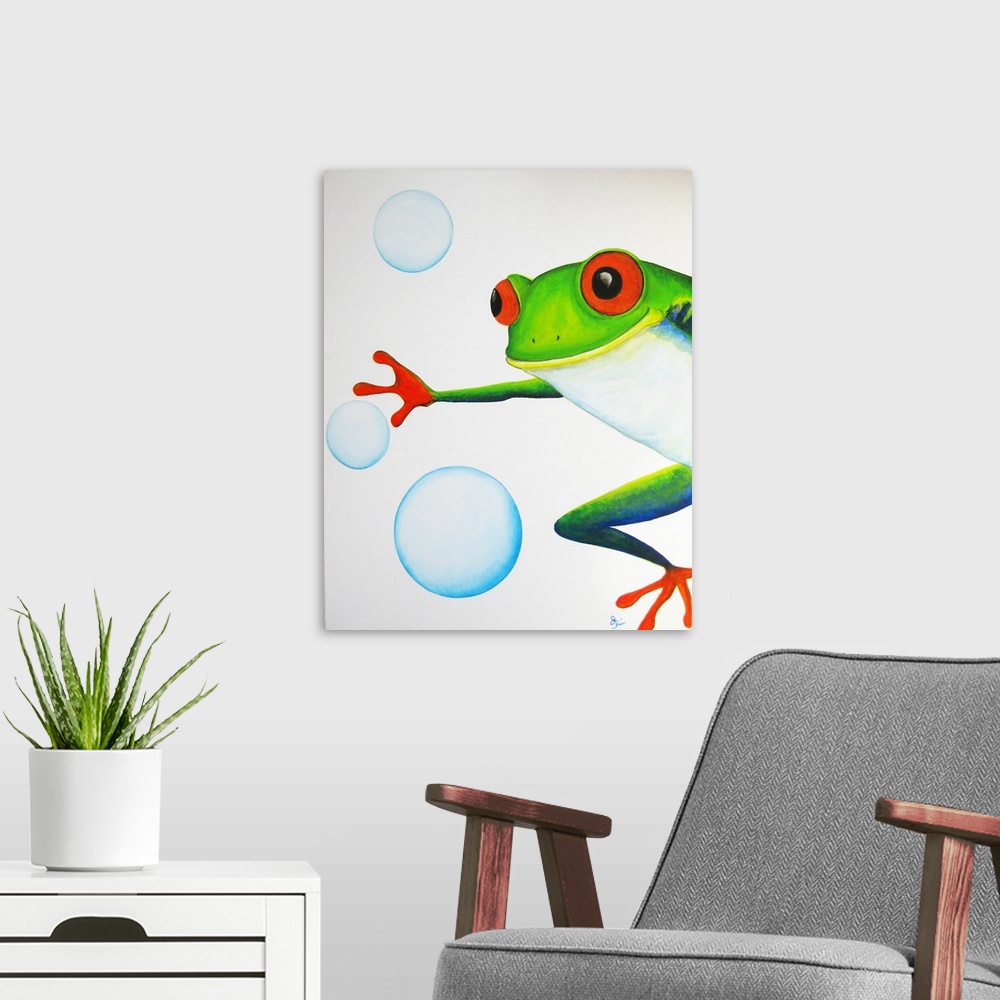 A modern room featuring Contemporary painting of a vibrant tree frog trying to catch bubbles.