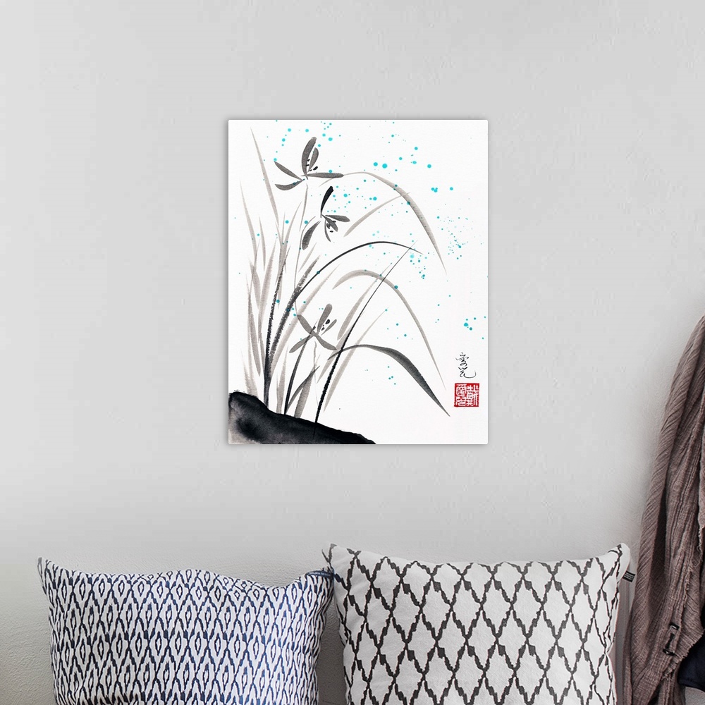 A bohemian room featuring Chinese ink painting of blooming orchids and bright blue rain drops.