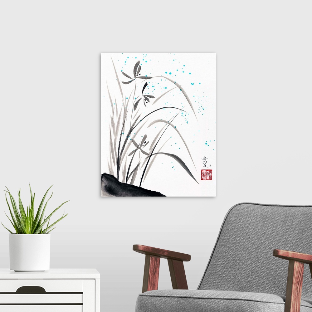 A modern room featuring Chinese ink painting of blooming orchids and bright blue rain drops.