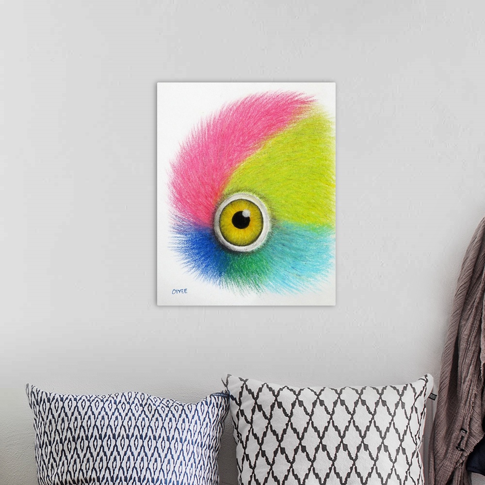 A bohemian room featuring Pastel painting of a parrot's eye close-up with vibrant colors.