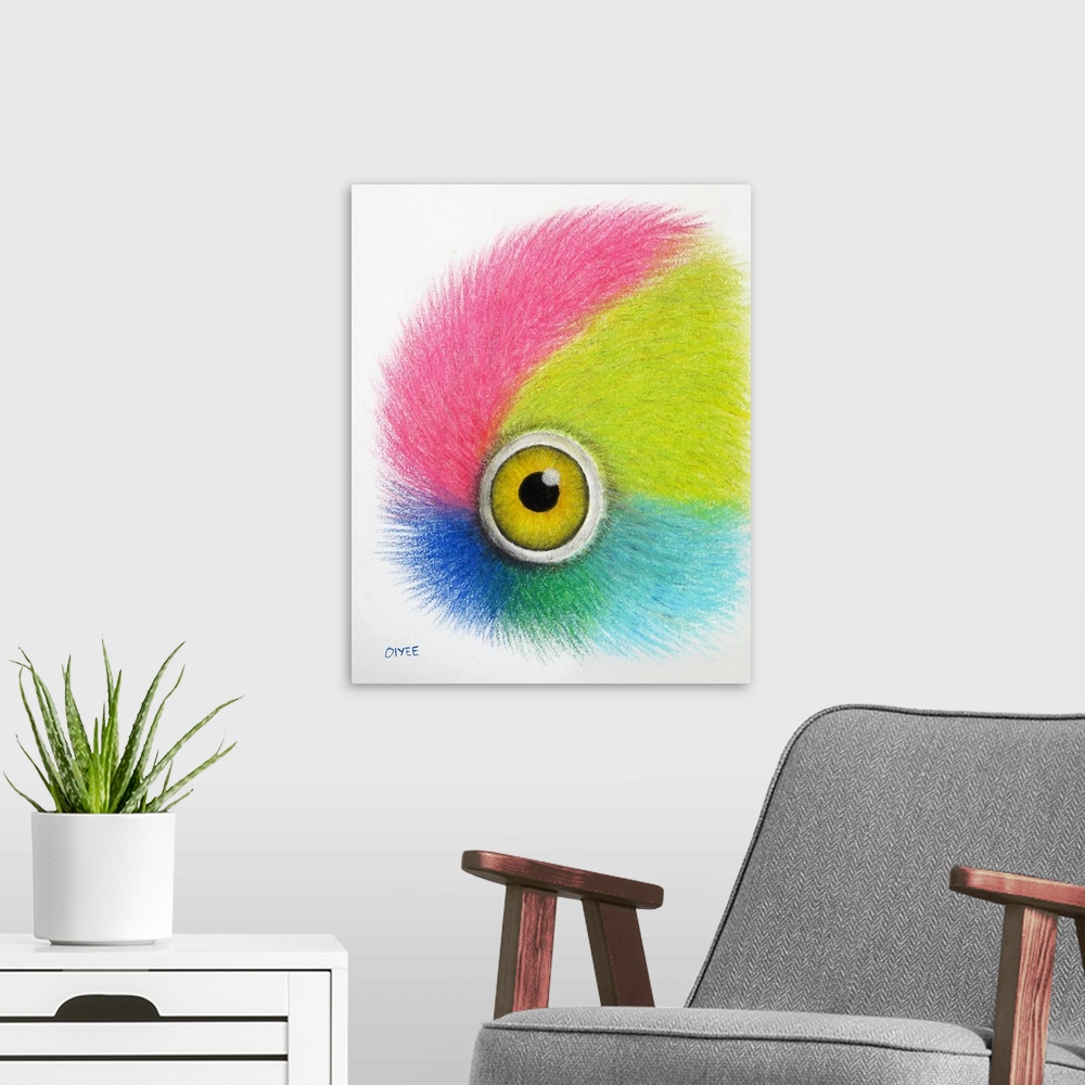A modern room featuring Pastel painting of a parrot's eye close-up with vibrant colors.