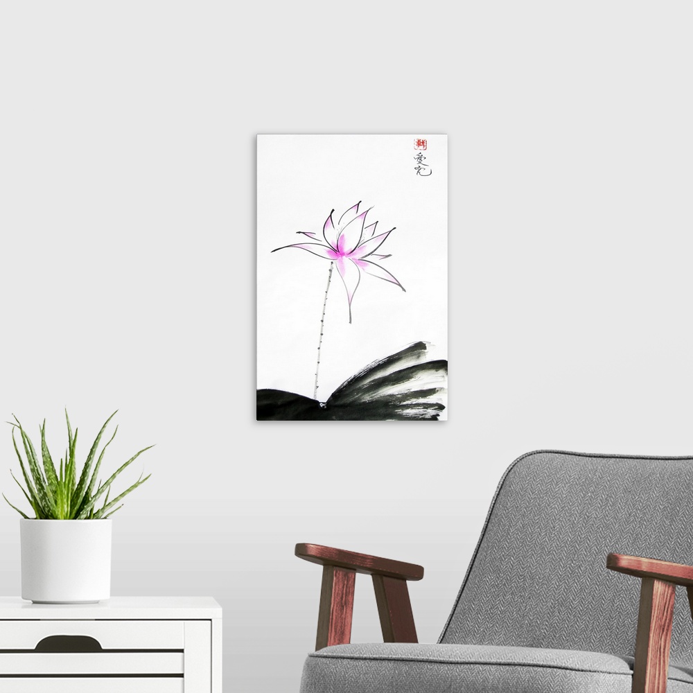 A modern room featuring Chinese ink and watercolor painting. This is inspired by the Chinese saying , the lotus rises out...