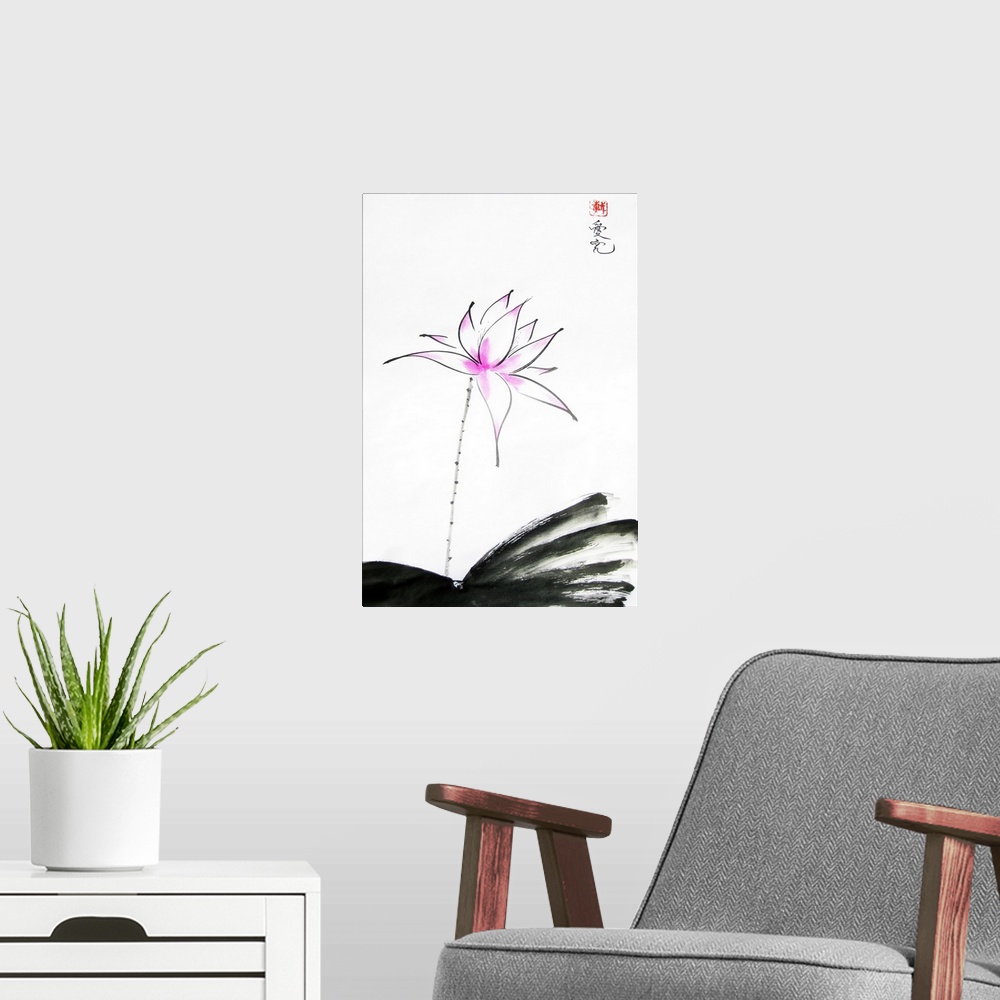 A modern room featuring Chinese ink and watercolor painting. This is inspired by the Chinese saying , the lotus rises out...