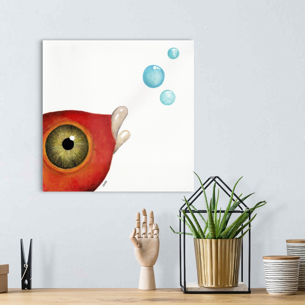 A bohemian room featuring Square painting of a bright orange and red fish with a large eye  a bubbles coming from its mouth.