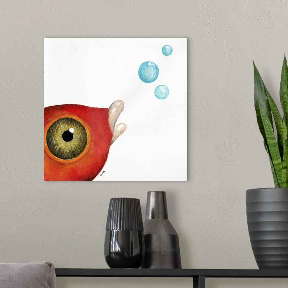 A modern room featuring Square painting of a bright orange and red fish with a large eye  a bubbles coming from its mouth.