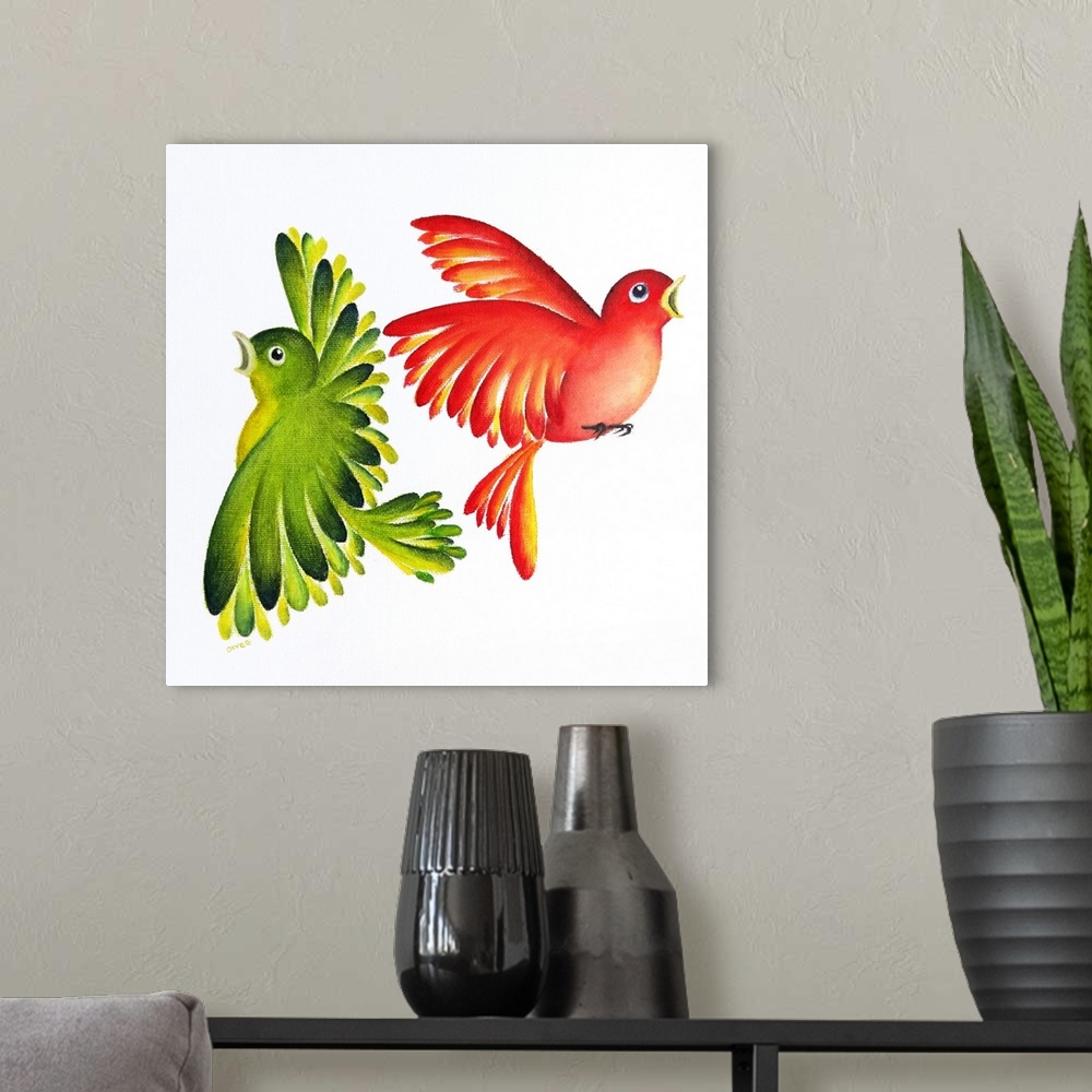 A modern room featuring Square painting of two vibrant birds, one red and yellow and the other green and yellow, on a whi...