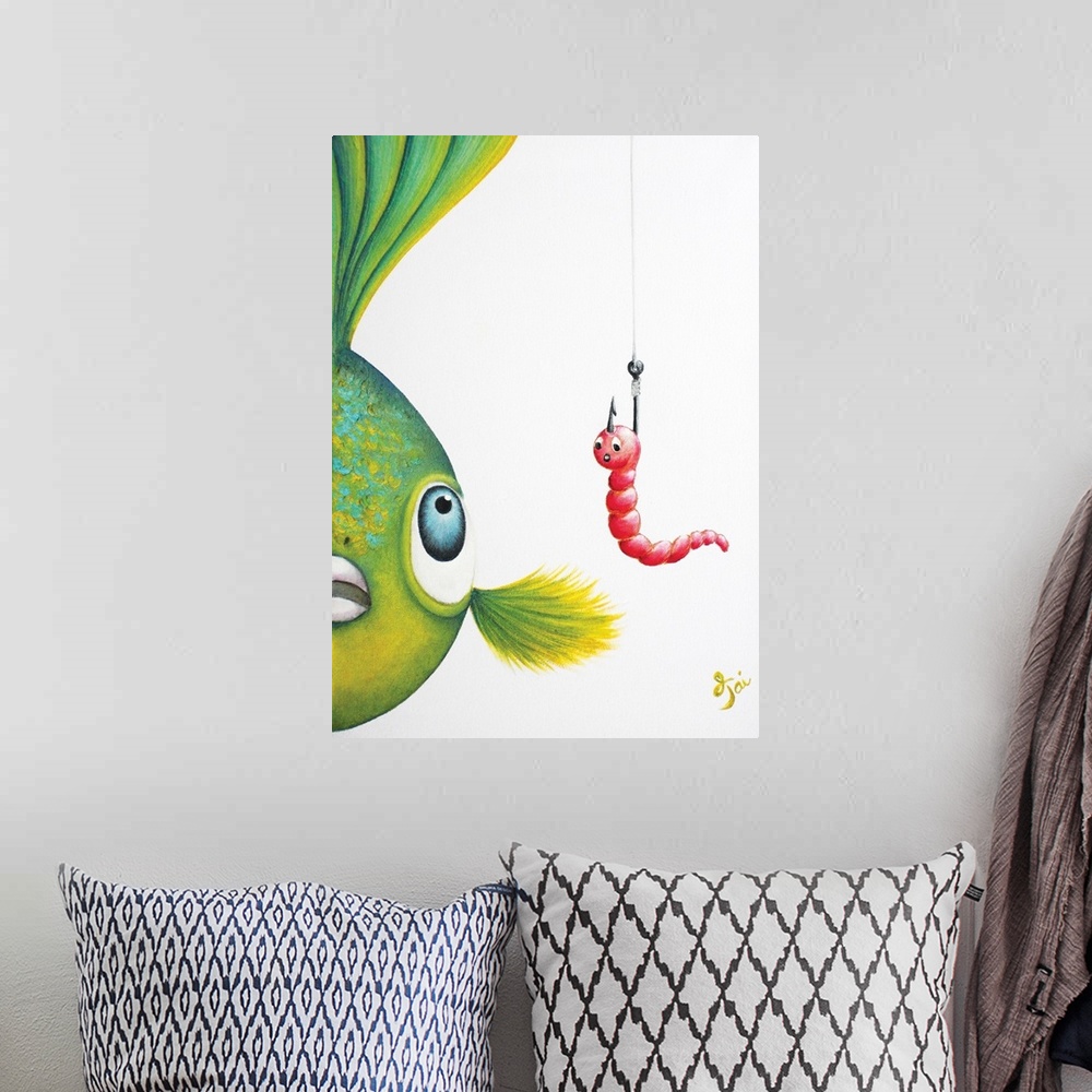 A bohemian room featuring Contemporary painting of a green, yellow, and blue fish looking closely at a bright worm attached...