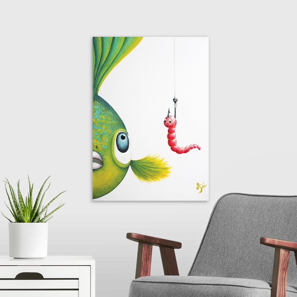 A modern room featuring Contemporary painting of a green, yellow, and blue fish looking closely at a bright worm attached...